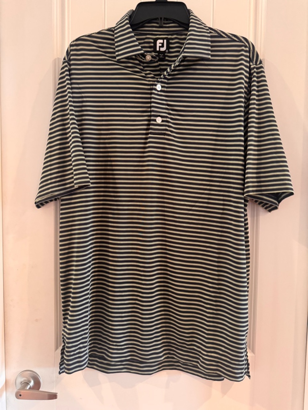 FootJoy Men’s Black and White Striped Golf Performance Polo FJ Large
